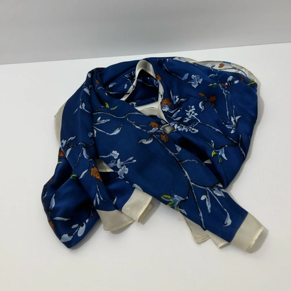 NWT White House Black Market blue floral 100% silk scarf 80”L x 12”W